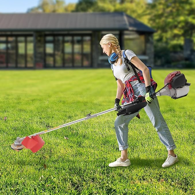 Gas Weed Wacker, 35.88CC 750W 4-Stroke Gasoline Weed Eater 8500RPM High Speed Lawn Mower with 2 Blade Heads, Portable Single-Cylinder Brush Cutter Grass Trimmer Tool for Home Garden Lawn Mowing