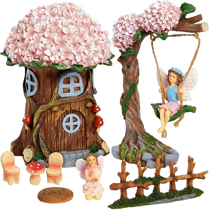 Juvale 8 Piece Miniature Fairy Garden Accessories Outdoor Decor Figurines Kit for Kids, Mini Whimsical Ornaments and Decorations for Patio, House, Garden, Desk, Yard Supplies