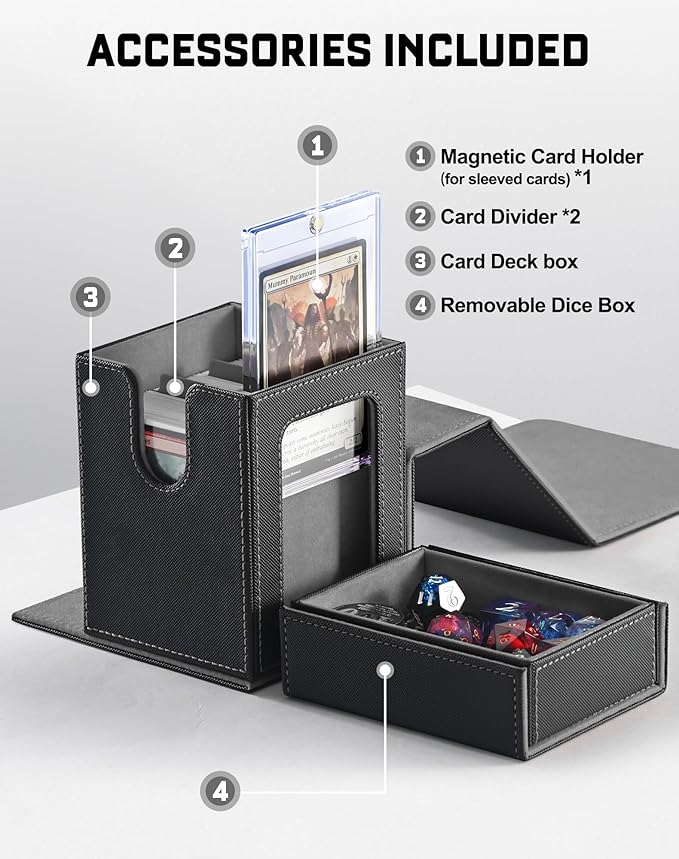 ZLCA MTG Commander Deck Box with Display Window, Card Deck Box Holds 100 Double-Sleeved with Dice Tray & 35pt Magnetic Card Holder (Black&Grey)