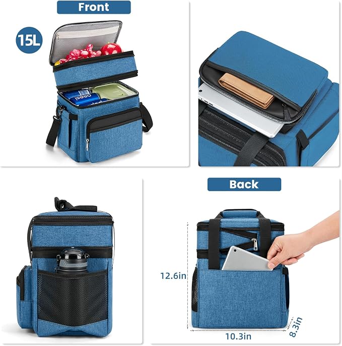 holuxer Insulated Lunch Bag & Lunch Box for Men - Double Deck Reusable Lunch Bag for Women Tote Cooler Bag Leakproof Soft Expandable - Large Lunchbox for Work/Adult/Picnic/Outdoor (Blue,15L)