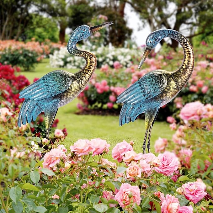 Natelf Garden Crane Statues Outdoor, Standing Blue Heron Decoy Sculptures, Metal Bird Yard Art for Lawn Patio Backyard Decoration(Set of 2)