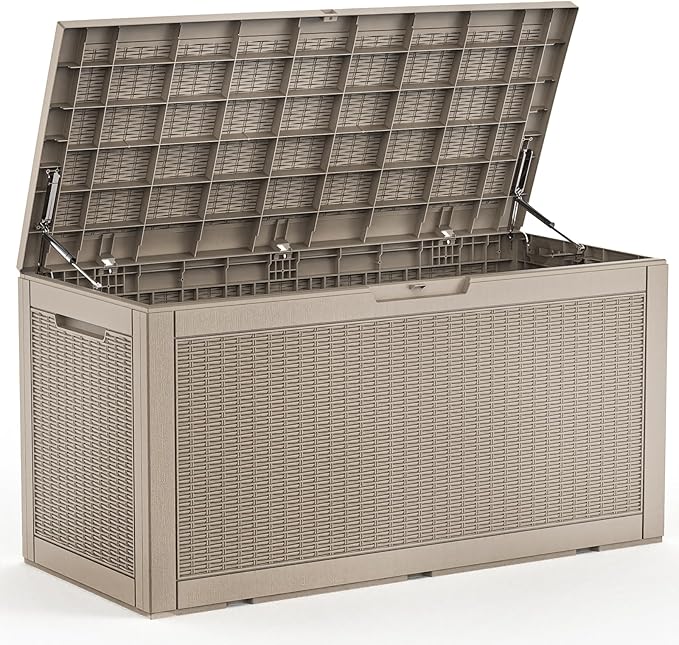 100 Gallon Resin Deck Box, Lockable Patio Outdoor Storage Box for Furniture, Garden Tools and Tools Storage, Waterproof Outside Storage Box - Grey