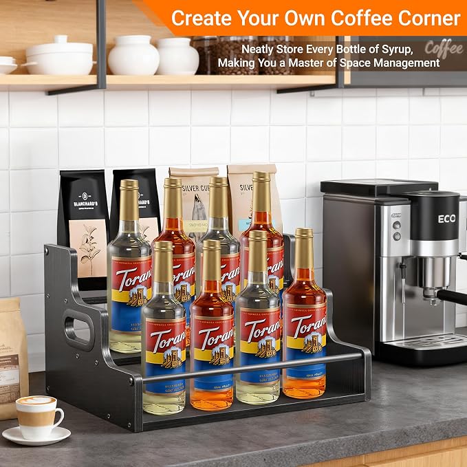 YQBRAO 3-Tier Liquor Bottle Display Shelf,Coffee Syrup Rack Organizer,Water Bottle Organizer, Mini Bar Cabinet, Rustic Bar Shelves for for Liquor Whiskey, Spirits(Black)