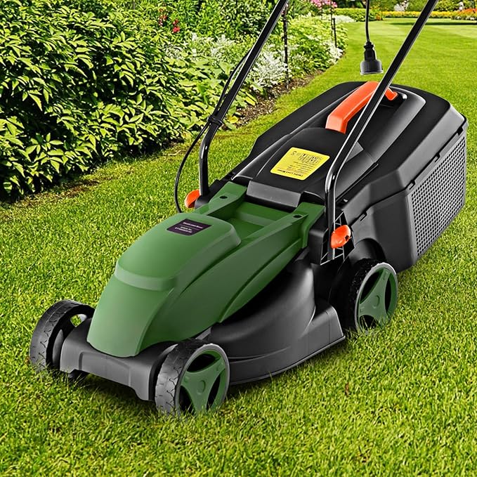 Electric Lawn Mower, 13" Corded Lawnmower with 10 Amp Copper Motor, 6.6-Gallon Grass Collection Box & 3-Position Heights, Push Lawn Mower Electric De-thatcher for Garden & Farmyard (Green)