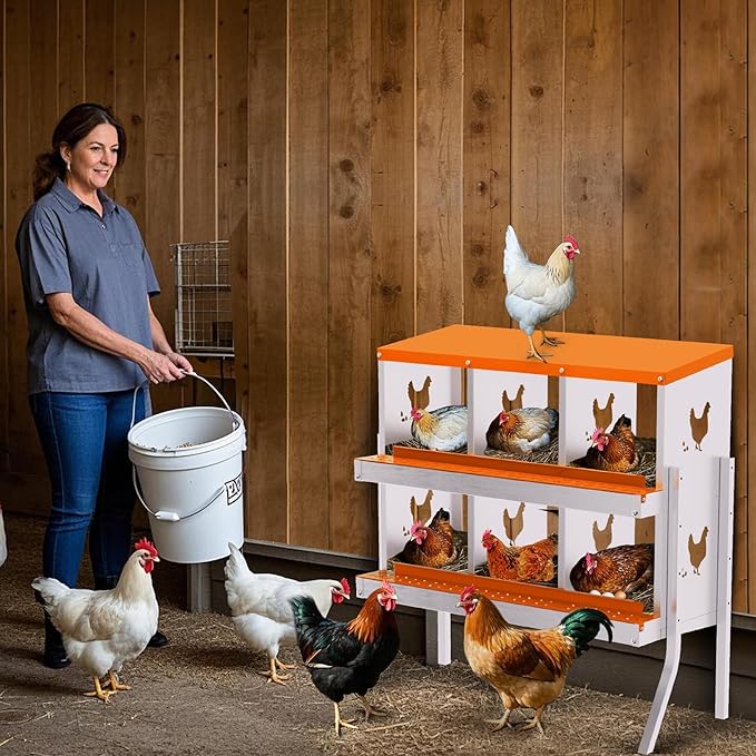 6 Compartment Chicken Nesting Box, Wall Mount Hen Laying Boxes with Legs & Removable Trays, 6-Hole Galvanized Steel Metal Hanging Poultry Nest for Backyard, Farms, and Chicken Coop, Egg Collection