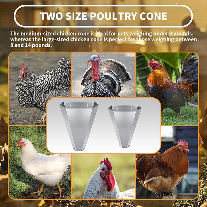 Large-Sized Galvanized Steel Chicken Restraining Cone for Poultry, Suitable for Large Layers, Broilers, Roasters, and Turkeys Up to 14 Pounds - Flat-Back Killing Cone, Easy to Clean