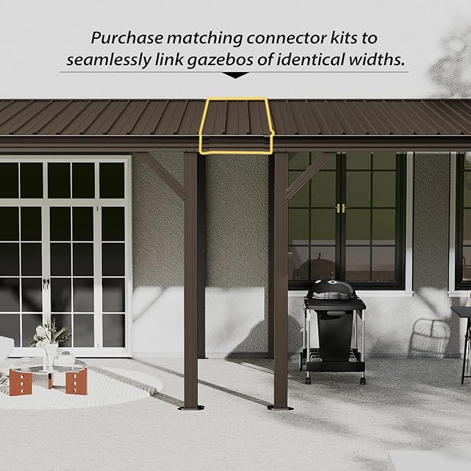 Domi 10'x14' Hardtop Wall Mounted Gazebo, Expandable Lean to Gazebo Pergola with Gutters & Galvanized Steel Roof, 60MPH Wind Resistance Outdoor Heavy Duty Canopy Sun Shade for Patio, Backyard - Brown