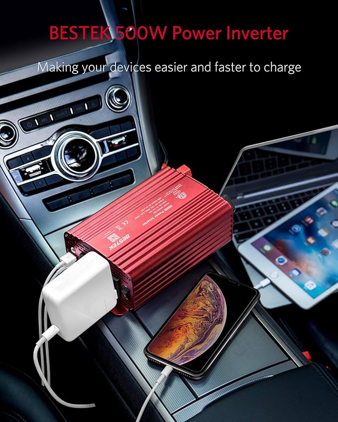 BESTEK 500W Power Inverter DC 12V to 110V AC Converter with Alligator Battery Clamp 4.8A Dual USB Car Charger ETL Listed