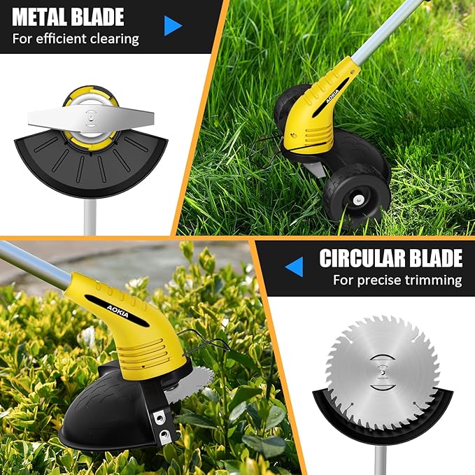 Electric Weed Wacker Cordless: String Trimmer with Roller 2Types Blades - 2.0Ah 12V Battery Powered Lightweight Grass Cutter/Mower for Yard and Garden, Yellow