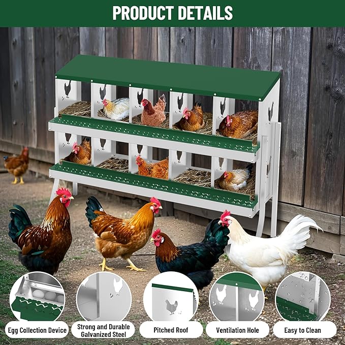 10 Holes Chicken Nesting Boxes, 2 Tiers 10 Compartments Metal Egg Laying Boxes with legs, Wall Mount or Free Standing, Ventilated for Chickens, Hens, Ducks, Farm, Yard, Poultry Coop Accessories, Green