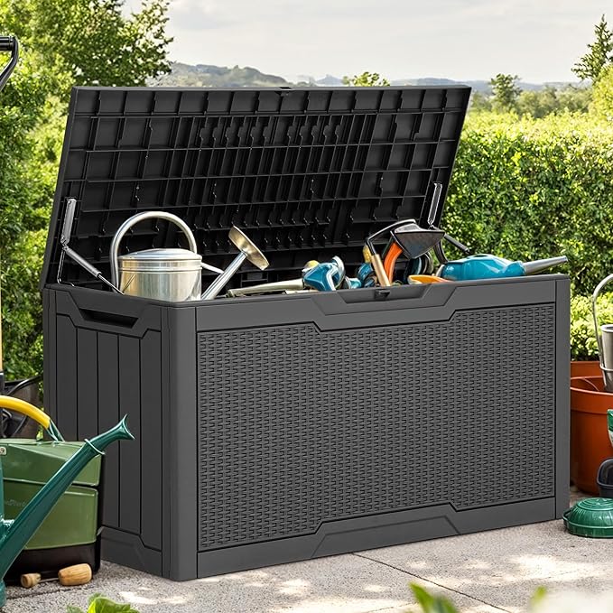 YITAHOME 80 Gallon Resin Deck Box, Weather Resistant Outdoor Rattan Storage Box, Lockable Indoor Outdoor Storage for Supplies and Essentials, Dark Gray