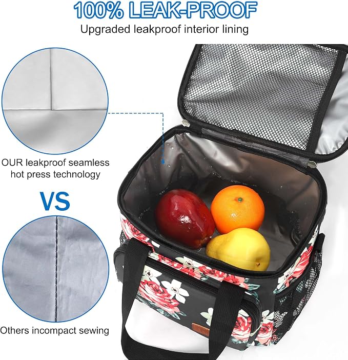 Lunch Bags for Women/Men, Insulated Lunch Bag for Work Office Picnic - Lunch Cooler Bag Leakproof Lunch Box with Adjustable Shoulder Strap - Black Floral