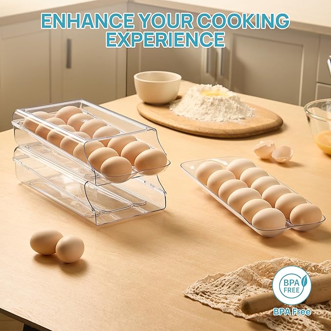Vtopmart Clear Plastic Egg Holder for Fridge, Automatic Rolling Egg Container for Refrigerator, Stackable 14-Count Eggs Organizer with Removable Inner Tray, Fridge Organizers and Storage, 2Pack