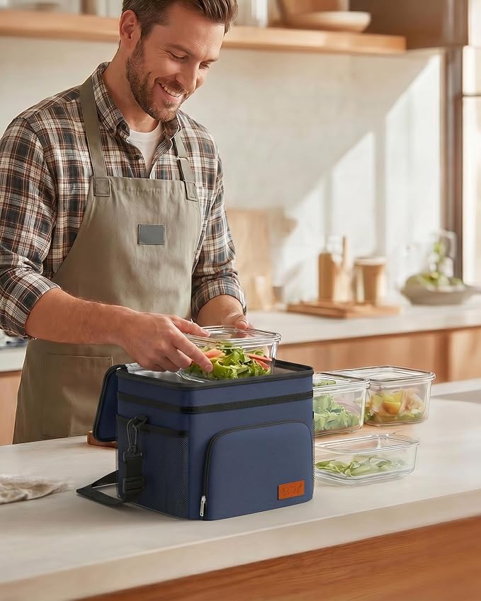 HOTOR Insulated Lunch Box Men Women Leak-Proof Cooler Lunch Bag 9L | 4 Pockets, Adjustable Strap, Ideal for Work, Picnic, Travel, Camping, Gift, Navy Blue