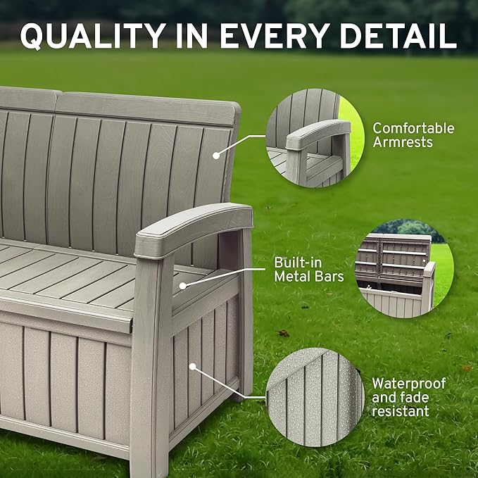 EconoHome 3 Seat Outdoor Storage Bench with Rain Cover - 90 Gallon Capacity - Weatherproof Resin Bench for Patio, Porch, Garden, Yard, Pool Area - Furniture for Pool Accessories, Gardening Tools