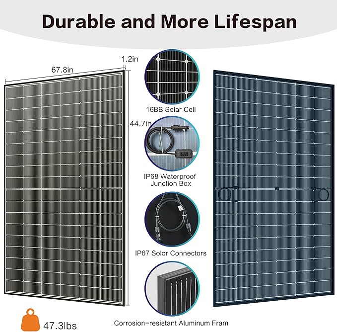 JJN Bifacial 2PCS 400 Watt Solar Panel, N-Type 16BB 400W Solar Panels, 25% High Efficiency Monocrystalline Solar Module for 12V/24V/48V PV System for Homes Rooftop Farm RV and Off-Grid Applications