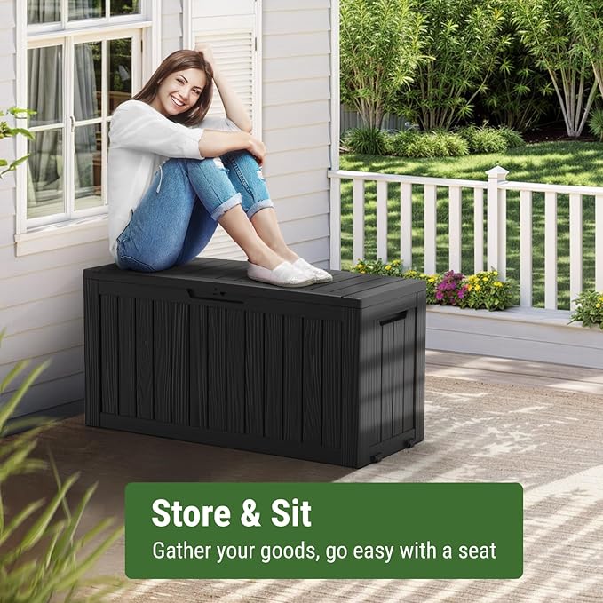 Mars Villa 72 Gallon Deck Box, Outdoor Storage Box Waterproof, Outside Resin Storage Bin for Patio Furniture Cushions, Pool Supplies, Garden Tools, UV-Resistant and Weatherproof, with 4 Wheels, Black