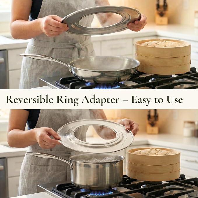 Stainless Steel Steamer Ring for Bamboo Steamer Basket 12-Inch | Fits 7 - 12 Inch Dumpling Steamer Baskets - Ring Adapter for Woks & Pots for Cooking Dim Sum, Rice, Bao Buns, Vegetables