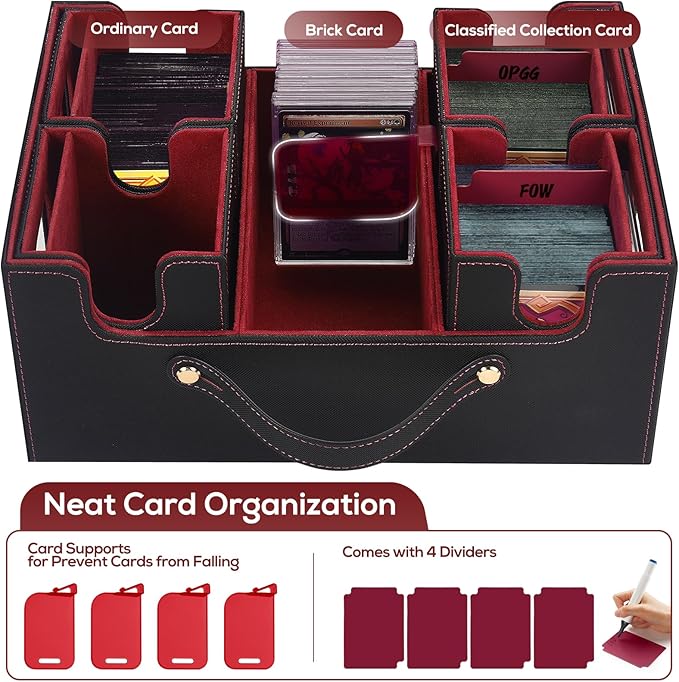 Trading Card Storage Box for MTG, card storage box with Commander Display,Multi-purpose Deck Case for MTG TCG Sports Card, 4 Toploaders, 4 Stoppers, 4 Colorful Dividers (Black & Red)