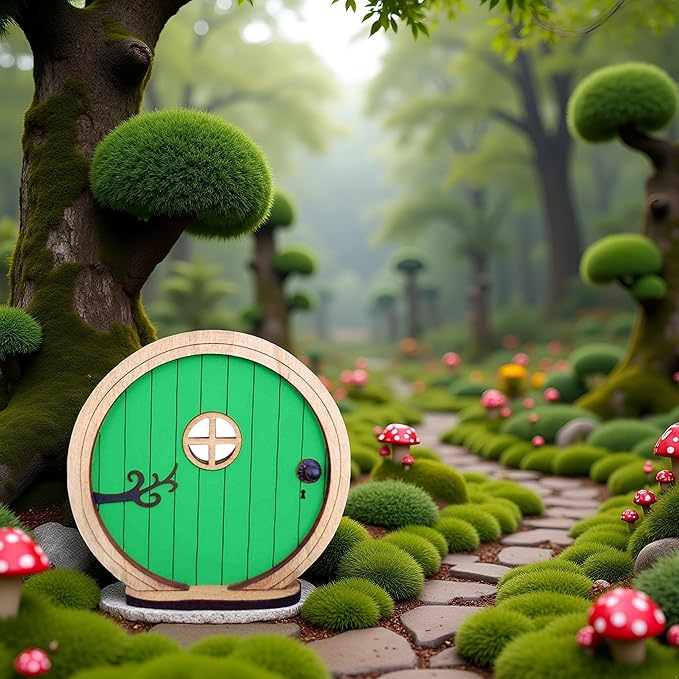 1Pc Fairy Garden Door for Tree, Fairys Doors for Trees Outdoor and Tree Trunk, Mini Fairy Garden Sculpture Lawn Ornament Decor, Fairys Tales Door Decoration,Gardens Miniatures (Green)