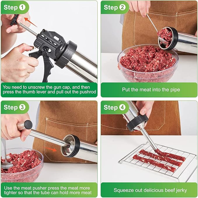1.57 LB Large Capacity Jerky Gun Kits, Stainless Steel Jerky Shooter Cannon, Beef Stick Gun, Beef Deer Jerky Maker, Meat Gun, Sausage Stuffer with 5 Nozzles 5 Brushes 1 Meat Pusher, Gift for Women Mom