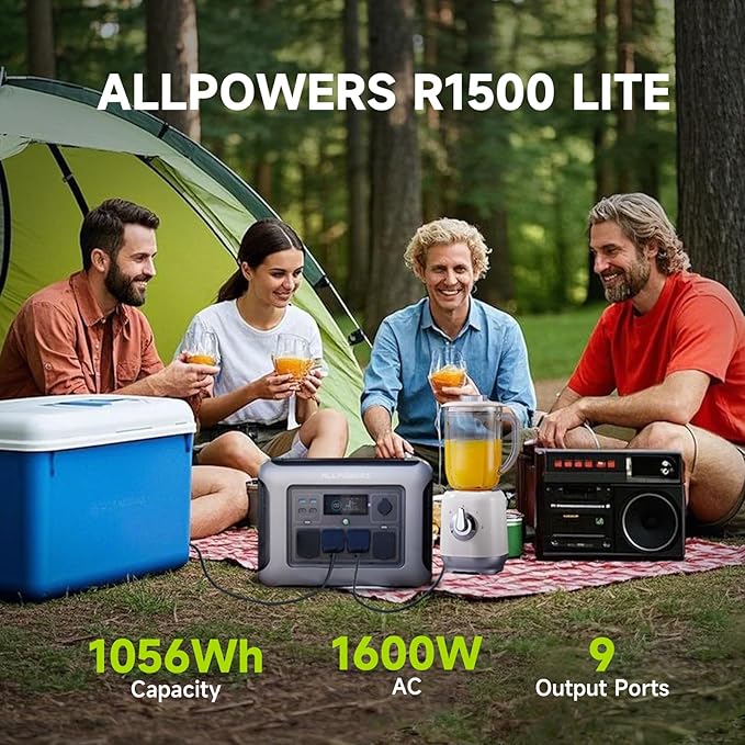 ALLPOWERS R1500 LITE 1600W/1056Wh & 3500+ Cycle LiFePO4 Battery with 4xAC Outlets, 650W MPPT, and UPS <15ms for Home, RV, Outdoor. (R1500 LITE+SP039-600W)