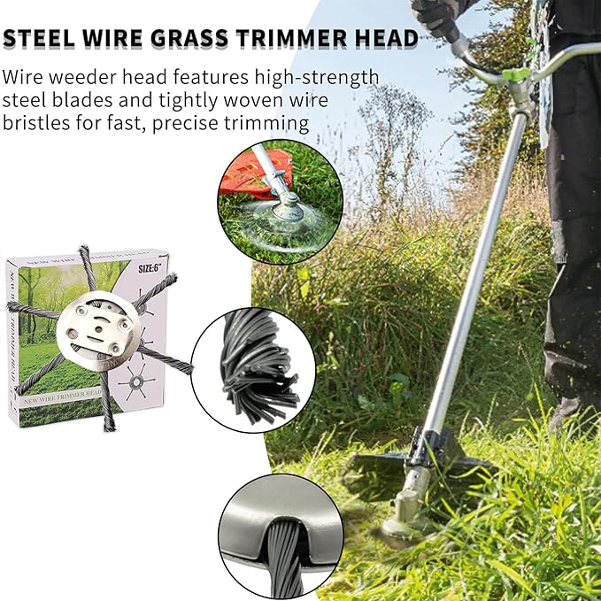2025 New Steel Wire Grass Trimmer Head, 6 Inch Universal Steel Wire Trimmer Head with Adapter, String Trimmer Replacement Head for Electric Cordless Lawn Mower Tray (1PC 6 Blades(6 Inch))