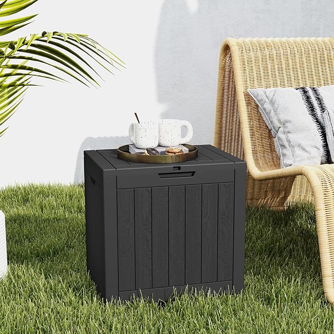 DUMOS 31 Gallon Deck Box, Lockable Outside Storage Box for Outdoor Use, Outside Waterproof Resin Package Delivery Box for Backyard Patio Garden, Black