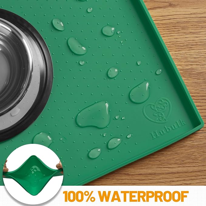Hubulk Dog Feeding Mat,100% Waterproof Food Grade Silicone Pet Food and Water Bowl Placemat,Dishwasher, High Raised Edge to Prevent Spills,Nonslip Tray to Stop Messes on Floor(28"x18"x0.8",Hunter )