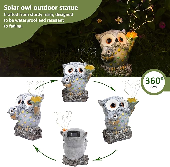 Solar Garden Statues Outdoor Decor, Fairy Owl Statue Garden Decor, Resin Yard Decorations Outdoor for Patio, Porch, Balcony, Lawn Ornaments, House Warming Birthday Gifts for Mom Women Grandma