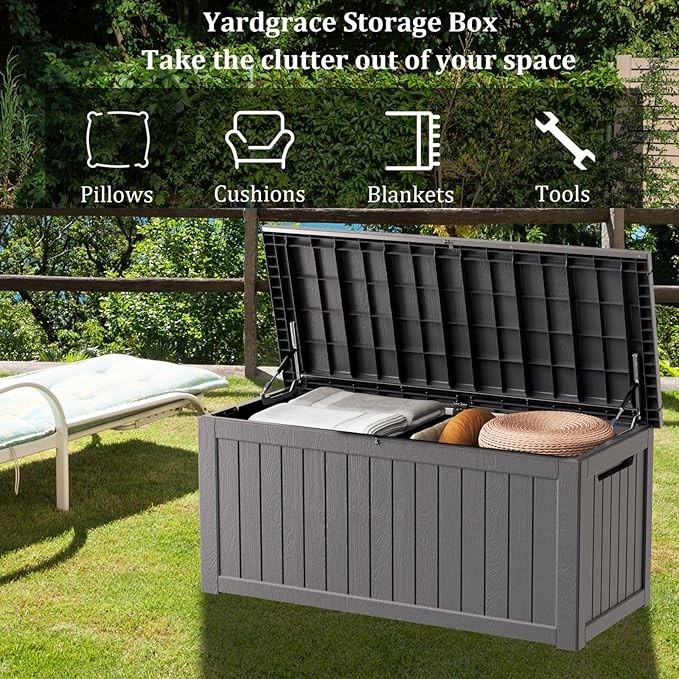 270 Gallon Waterproof Deck Box, Lockable Resin Storage Box for Patio Furniture Cushions Garden Tools and Outdoor Delivery Storage, Coffee