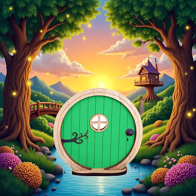 1Pc Fairy Garden Door for Tree, Fairys Doors for Trees Outdoor and Tree Trunk, Mini Fairy Garden Sculpture Lawn Ornament Decor, Fairys Tales Door Decoration,Gardens Miniatures (Green)