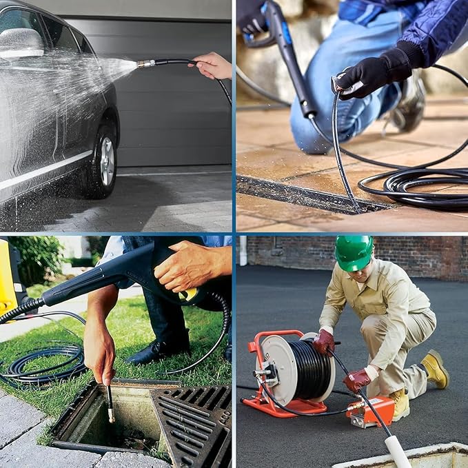 50FT Sewer Jetter Kit for Pressure Washer, 5800PSI Water Jet Durable Drain Cleaner Hose 1/4 Inch NPT Corner with 4 Specialized Nozzles,Waterproof Tape, Pearl Corsage Pin, Handle Strap & 2 Spanners
