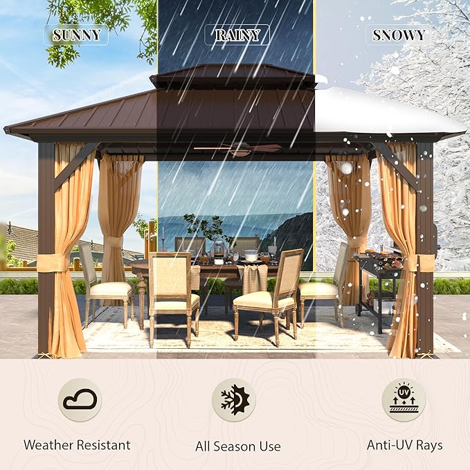 YOLENY 10' x 12' Hardtop Gazebo, Metal Gazebo with Aluminum Frame, Double Galvanized Steel Roof, Curtains and Netting Included, Pergolas for Patios, Garden, Parties, Lawns