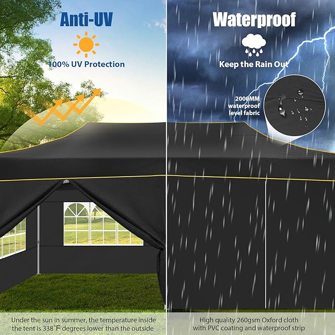 HOTEEL 13x26 Pop up Canopy Tent for Parties, Heavy Duty Easy Setup Tent with 6 Sidewalls, Outdoor Commercial Instant Gazebo for Wedding Event, with Roller Bag & Sand Bags, Black(Hexagonal Frame)