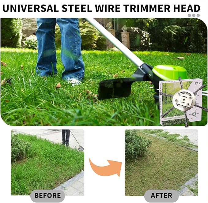 2025 New Steel Wire Grass Trimmer Head, 6 Inch Universal Steel Wire Trimmer Head with Adapter, String Trimmer Replacement Head for Electric Cordless Lawn Mower Tray (1PC 6 Blades(6 Inch))