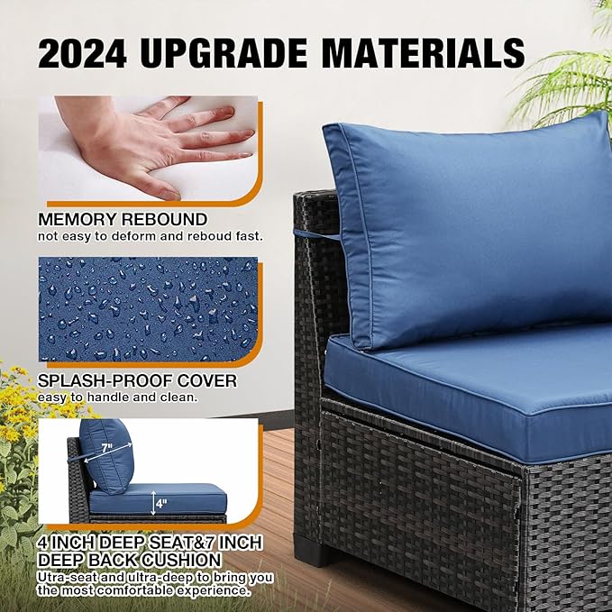 8 Pieces Patio Furniture Set All-Weather Outdoor Wicker Sectional Conversation Sofa Rattan Patio Seating Sofa with Cushion and Glass Table for Porch Poolside,Navy