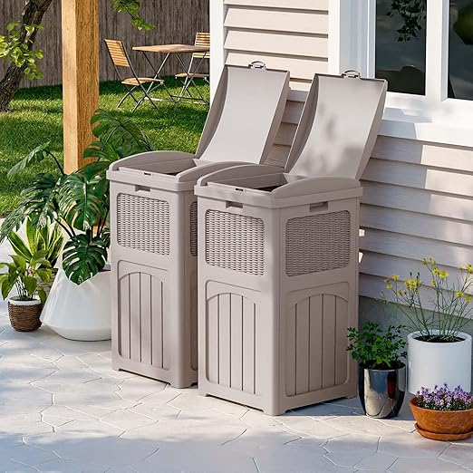 Patiowell 36 Gallon Outdoor Trash Can, Resin Outdoor Garbage Can with Lid for Patio, Backyard, Deck, Light Brown (2 Pack)