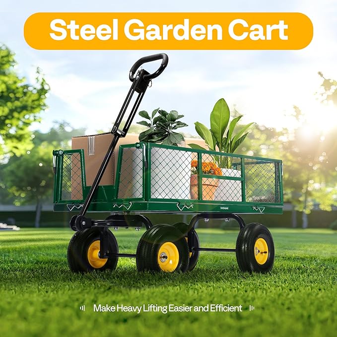 VIVOHOME Garden Cart Steel Heavy Duty 900 LBS Yard and Garden Wagon with 10 inch Tire and Handle Attach to ATV or Tractor Green