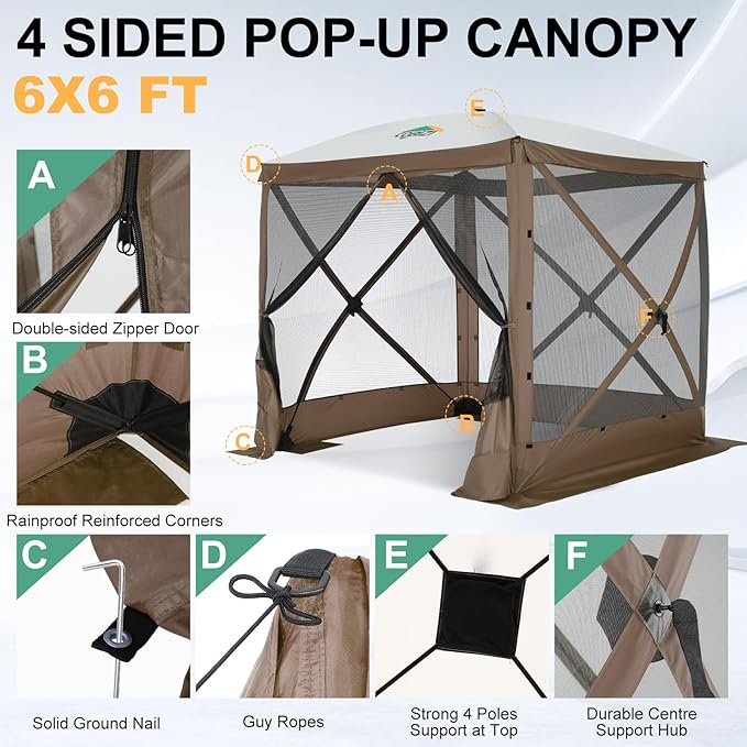 COBIZI 6x6 Pop up Gazebo Tent on Clearance, Ez up Waterproof Screen Tent Screen House with 3 sidewalls,Portable Outdoor Canopy with Carry Bag & Ground Stakes for Camping,Garden and Picnics, Brown