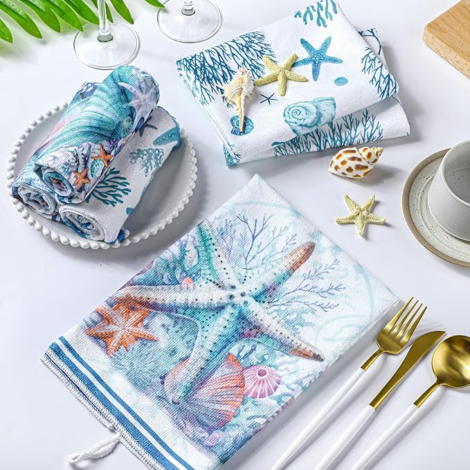 Boyiee Set of 6 Beach Kitchen Towels Coastal Ocean Dish Towels Sea Nautical Tea Towels Absorbent 24 x 16 Inches Shell Coral Starfish Hand Towels Summer Gifts for Farmhouse Kitchen Bathroom Decorations