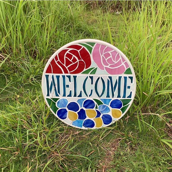 Bieye MSS002 Rose Flowers Tiffany Style Stained Glass Mosaic Decorative Stepping Stone for Garden Decor (12" Round, Welcome Sign)