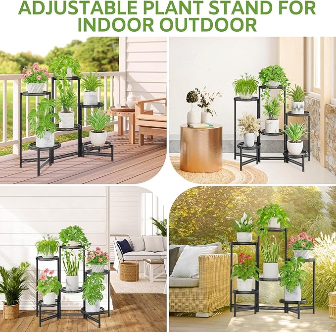 iDavosic.ly 6 Tier Large Plant Stand Indoor with 10-Inch Wide Drainage Tray, Tiered Corner Metal Outdoor Flower Display Holder Shelf, Folding Tall Rack for Patio Porch Balcony, Black Iron Carving