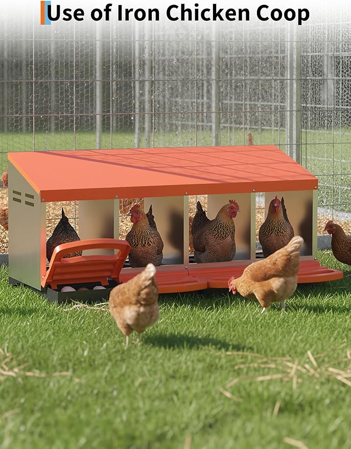 Chicken Nesting Boxes, 4 Hole Metal Rollaway Nest Box for Laying Hens with Cleanable Pull-Out Trays Wall Mount or Placed Design for Easy Egg Collection & Cleaning