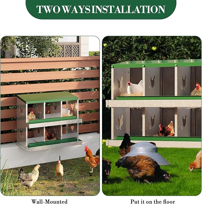 Chicken Nesting Box,6 Compartments Galvanized Steel Metal Chicken Laying Box with Roll Out Egg Collection,Wall Mount Chicken Nesting Boxes,Easy Egg Collection, Hen Roosting Boxes