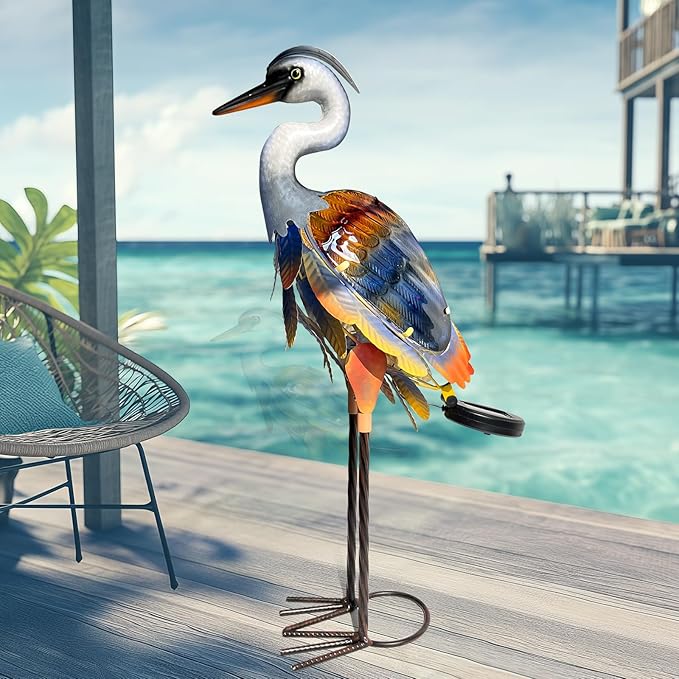 HONGLAND Solar Heron Metal Crane Statue Garden Heron Sculpture, Glass Outdoor Crane Yard Art Coastal Ocean Bird Decor 24 Inch Lawn Ornament for Backyard Porch Patio Decor(Purple)
