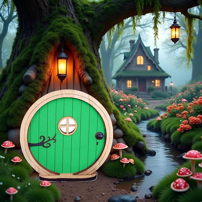 1Pc Fairy Garden Door for Tree, Fairys Doors for Trees Outdoor and Tree Trunk, Mini Fairy Garden Sculpture Lawn Ornament Decor, Fairys Tales Door Decoration,Gardens Miniatures (Green)