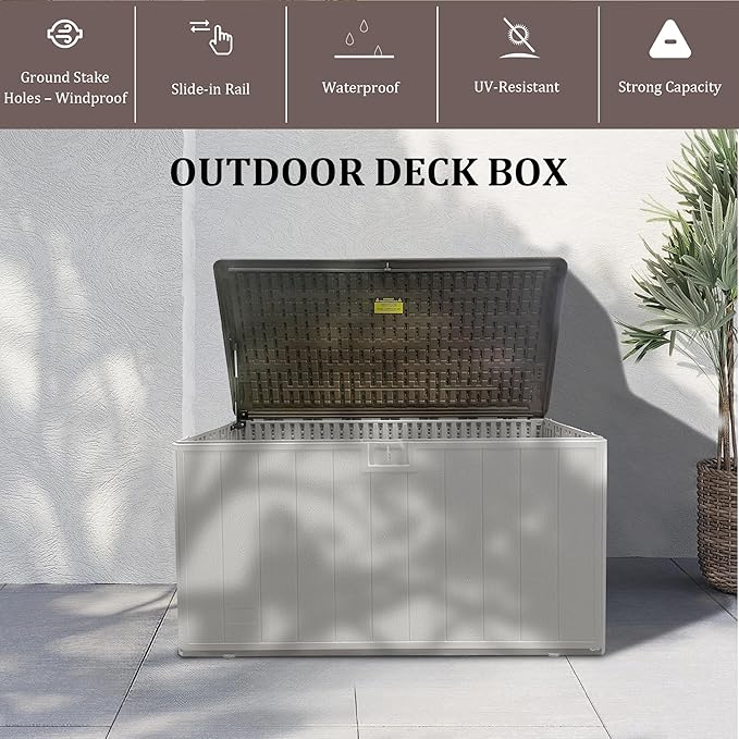 110GAL Brown Blow - Molded Outdoor Deck Box with Lock Hole - Waterproof, SGS - Protected from UV, Robust Storage for Large Garden Tools and Pool Equipment, Effortless Assembly