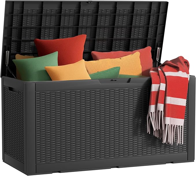 deck box,100-gallon indoor and outdoor storage box made of waterproof and sun-resistant resin material, meeting storage needs for the living room, patio, swimming pool, and toolshed(black)