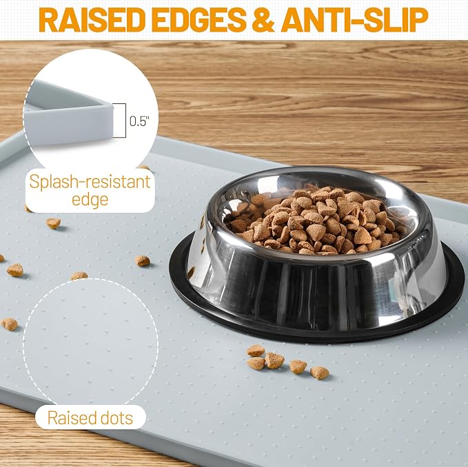 Hubulk Dog Feeding Mat,100% Waterproof Food Grade Silicone Pet Food and Water Bowl Placemat,Dishwasher, High Raised Edge to Prevent Spills,Nonslip Tray to Stop Messes on Floor(19"x12"x0.5", Mist)